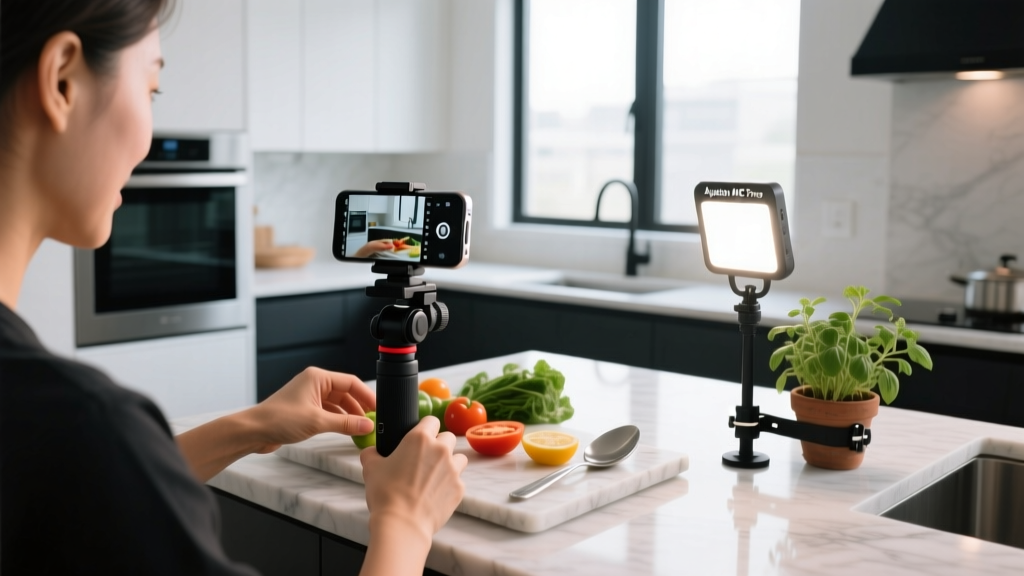 Over-the-shoulder shot of a vlogger using a ShiftCam SnapGrip to film a cooking tutorial with an Aputure MC Pro light clamped to the counter