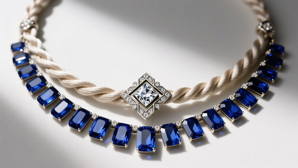 Top-down view of an Art Deco sautoir necklace featuring hand-knotted silk, calibre-cut sapphires, and a geometric diamond clasp