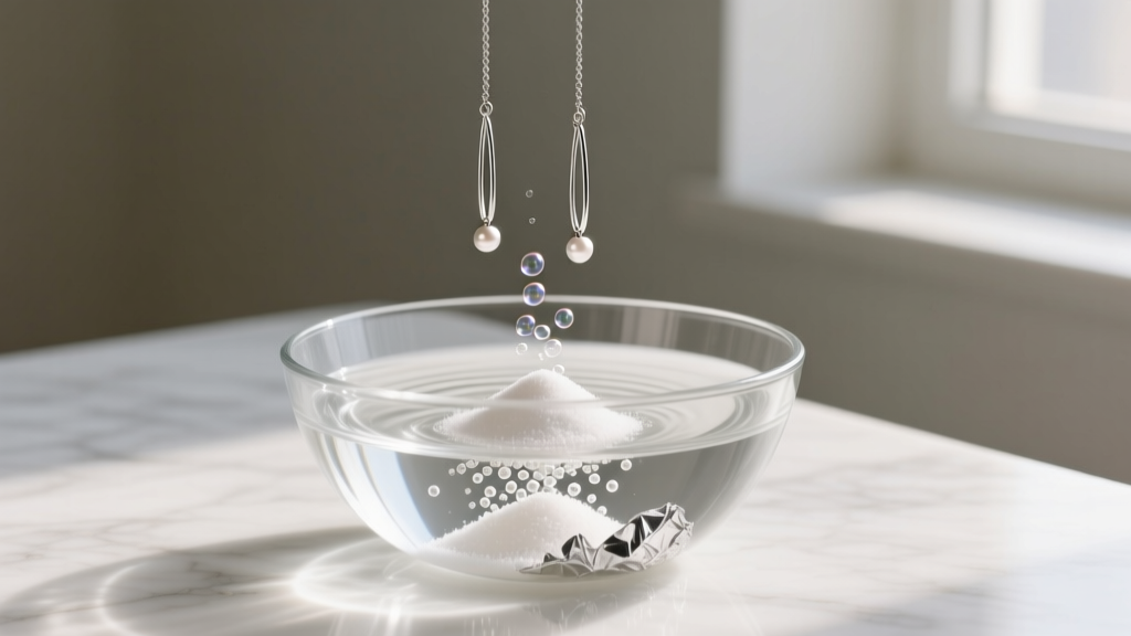 Glass bowl with foil and baking soda, showing long silver threader earrings releasing tiny cleaning bubbles in warm water