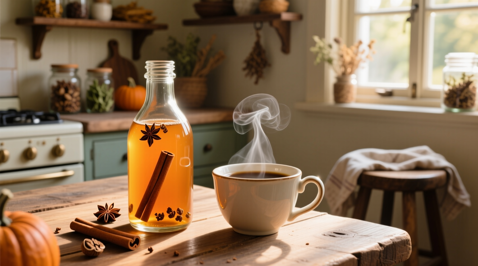 Homemade pumpkin spice syrup in glass bottle with coffee