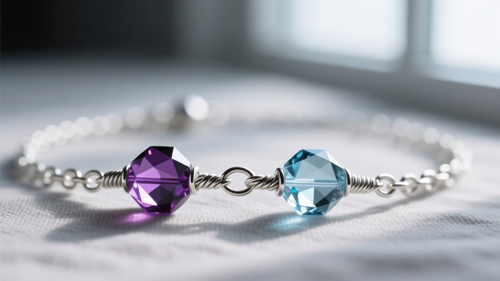 Macro shot of a 24-gauge sterling silver wire-wrapped link connecting two faceted crystal beads in a modern rosary necklace.
