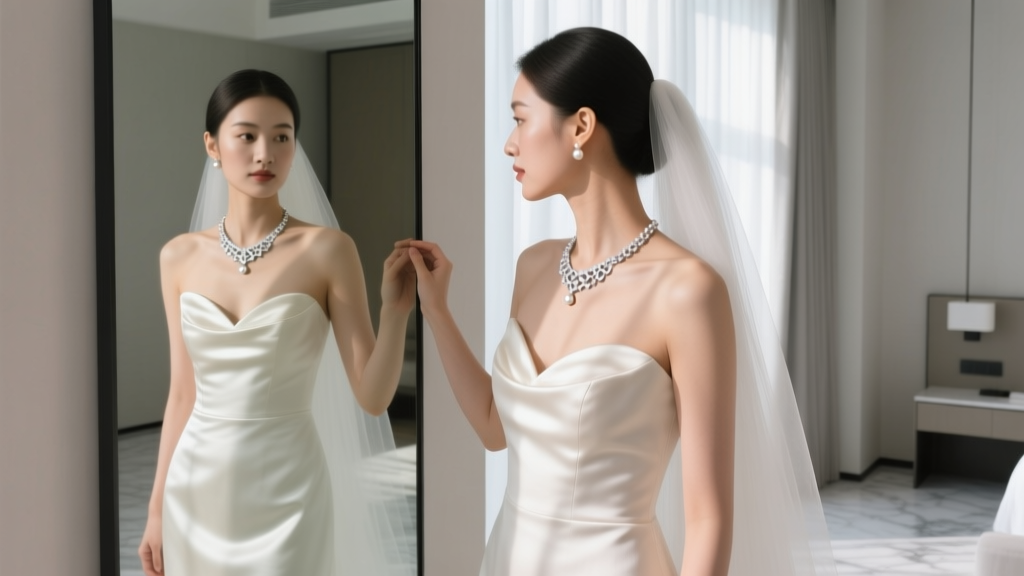 Bride looking in mirror adjusting a delicate 18-inch platinum pendant necklace over a silk mikado sweetheart neckline wedding gown