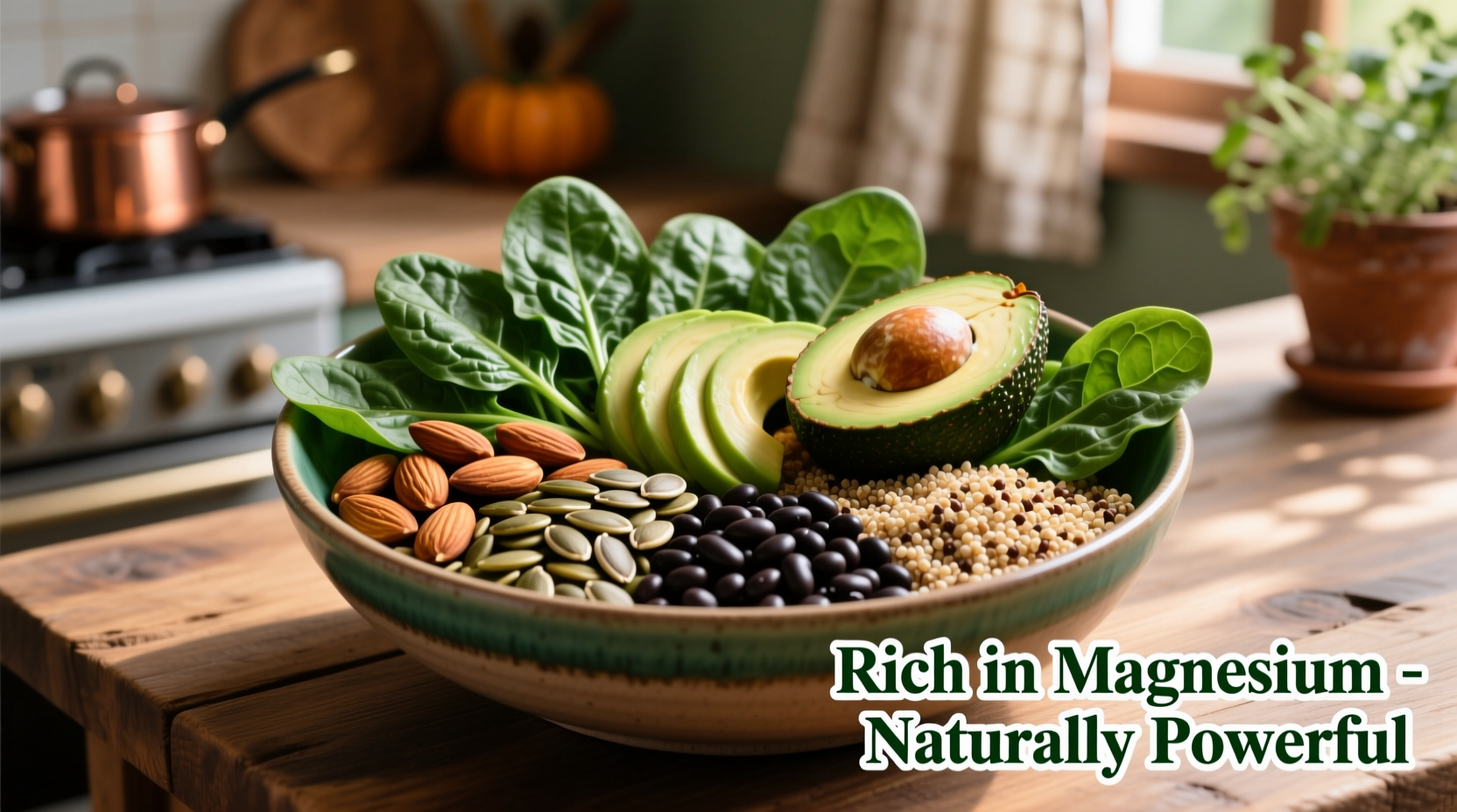 Magnesium-rich foods arranged in colorful bowl