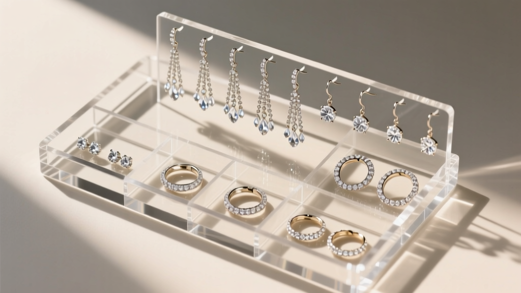 Top-down view of an acrylic earring tray organizer showing dedicated suspension zones for long chandelier and diamond hoop styles.