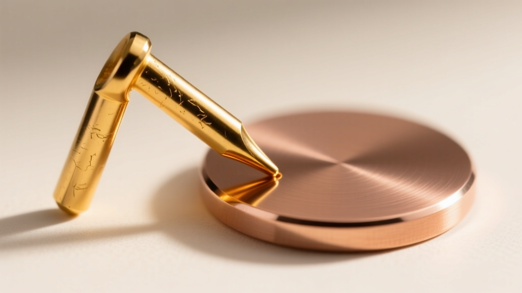 Macro photo of a bent 18-gauge gold threadless pin beside a 14k rose gold flat back disc, highlighting the exact bend point