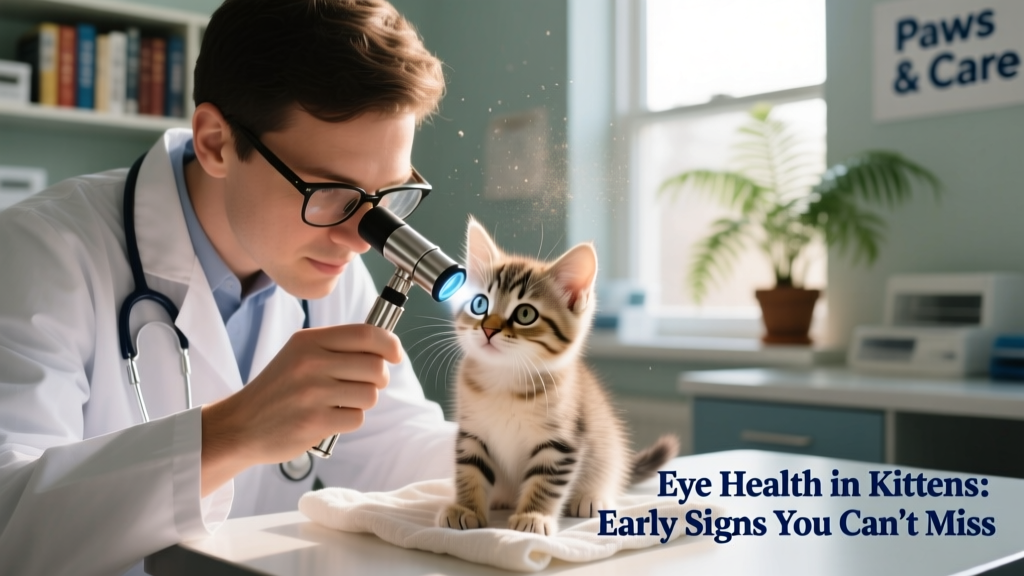 Veterinarian gently examining a kitten's eye with an ophthalmoscope