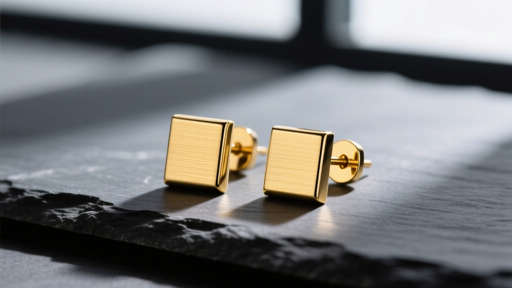 Macro shot of 18k yellow gold rectangle stud earrings on dark slate, showcasing the brushed matte texture and crisp corner angles