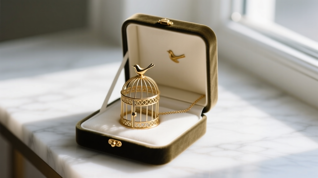 An open anti-tarnish velvet jewelry box displaying a delicate brass bird cage necklace safely tucked away from other pieces.