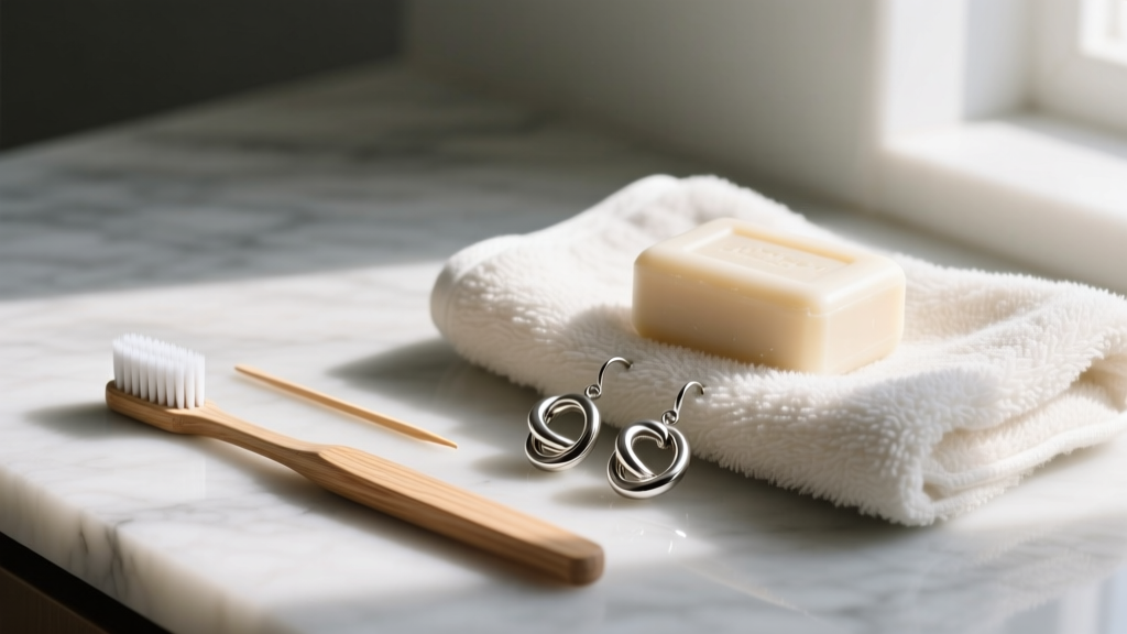Soft toothbrush, wooden toothpick, and mild soap on marble beside tarnished silver knot earrings resting on a microfiber towel