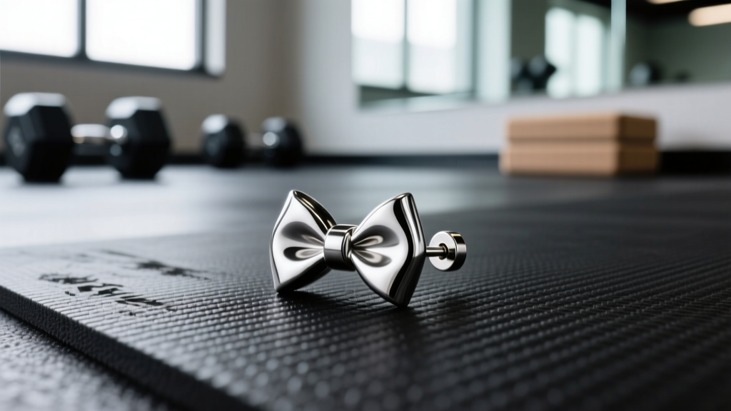 Macro photo of a 16-gauge implant-grade titanium threadless earring end shaped like a cheer bow, resting on a textured gym mat.
