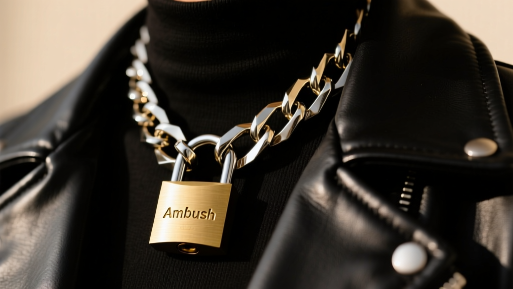 Close-up of a heavy brass Ambush padlock necklace on a black leather jacket collar, highlighting the bright rhodium finish.