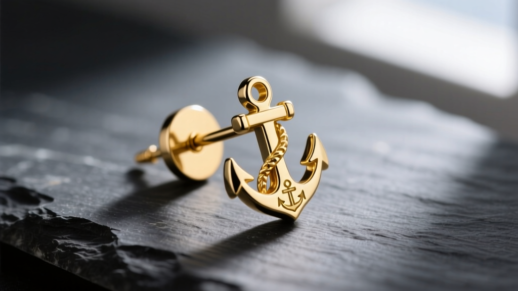 Macro shot of an 18k gold nautical anchor stud earring with a 20-gauge post and flat-back backing resting on dark textured slate