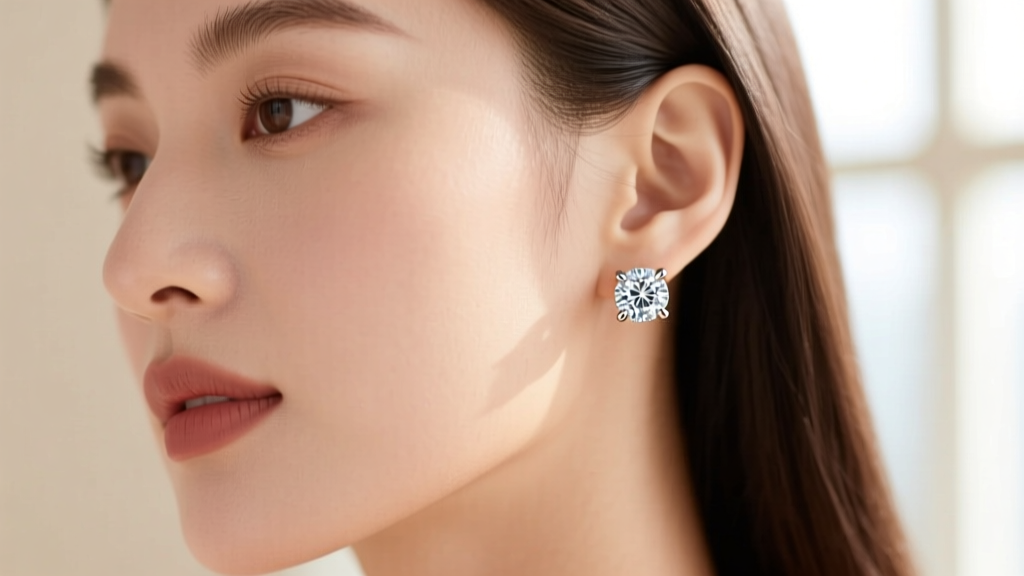 Close-up of a woman wearing classic four-prong round diamond stud earrings totaling one carat against a soft neutral backdrop