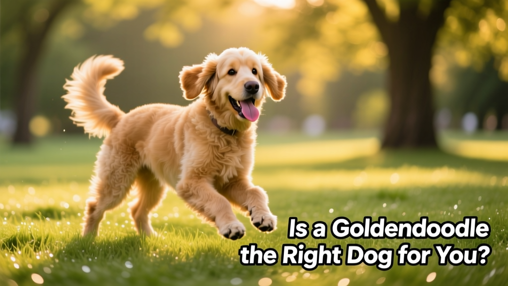 A well-groomed adult Goldendoodle mid-play in a grassy park, tongue out and tail wagging