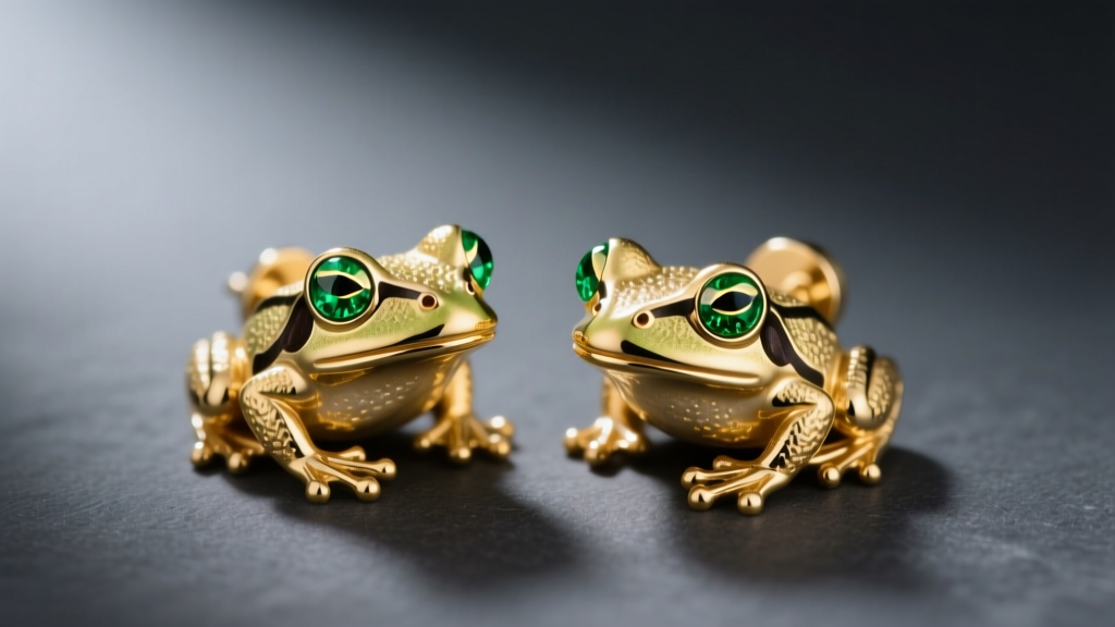 Solid 14k gold frog stud earrings with emerald eyes on dark slate, lit by soft directional light to reveal textured metal and post.