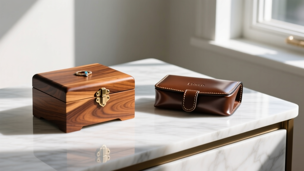 Side-by-side comparison on a marble dresser of a handcrafted dovetail walnut jewelry box and a sleek, mass-produced leather retail jewelry case.