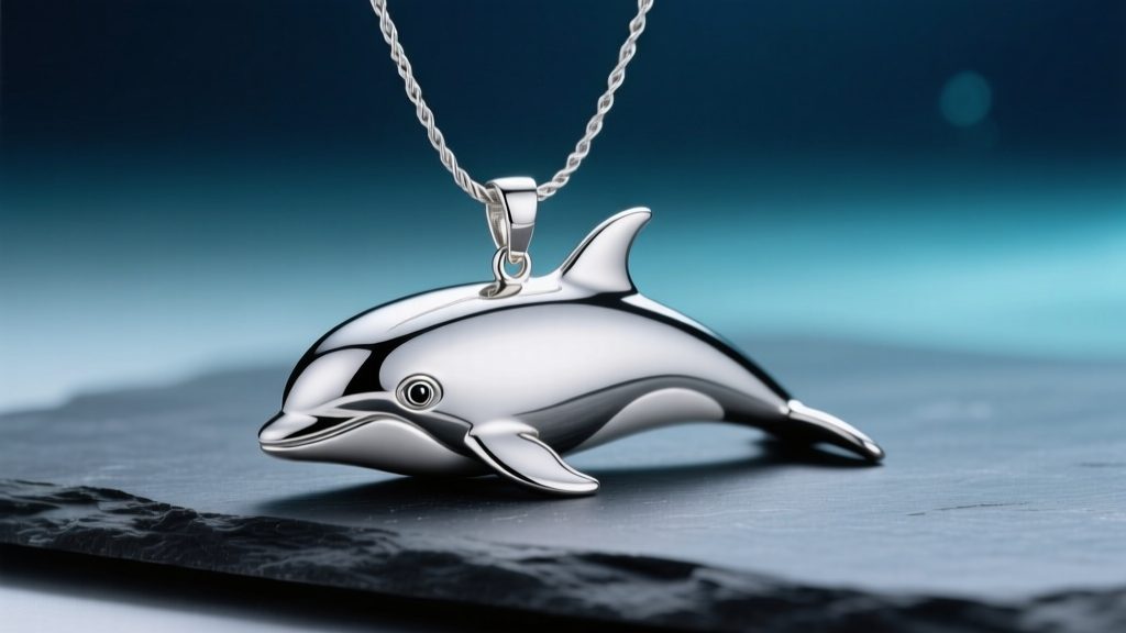 Polished 925 sterling silver orca pendant on a 1.2mm cable chain, resting on dark slate under soft, moody oceanic lighting