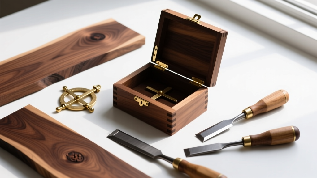 Overhead view of raw black walnut boards, brass quadrant hinges, and wood chisels next to a partially assembled wooden jewelry box.