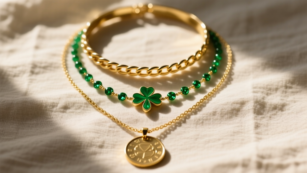 Layered necklace stack on linen: 14-inch gold choker, 16-inch green clover necklace, and 18-inch gold coin pendant in warm light.