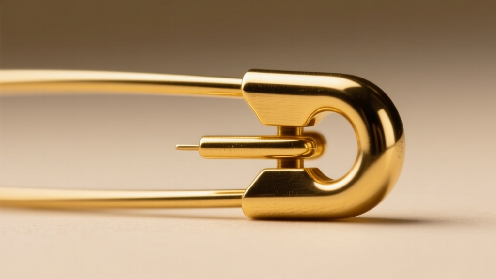 Macro shot of a 14k gold safety pin clasp engaged, showing the tight tension gap between the metal stem and the catch hook.