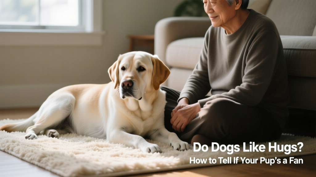 A senior Labrador gently resting beside its owner on a soft rug, both relaxed but not touching
