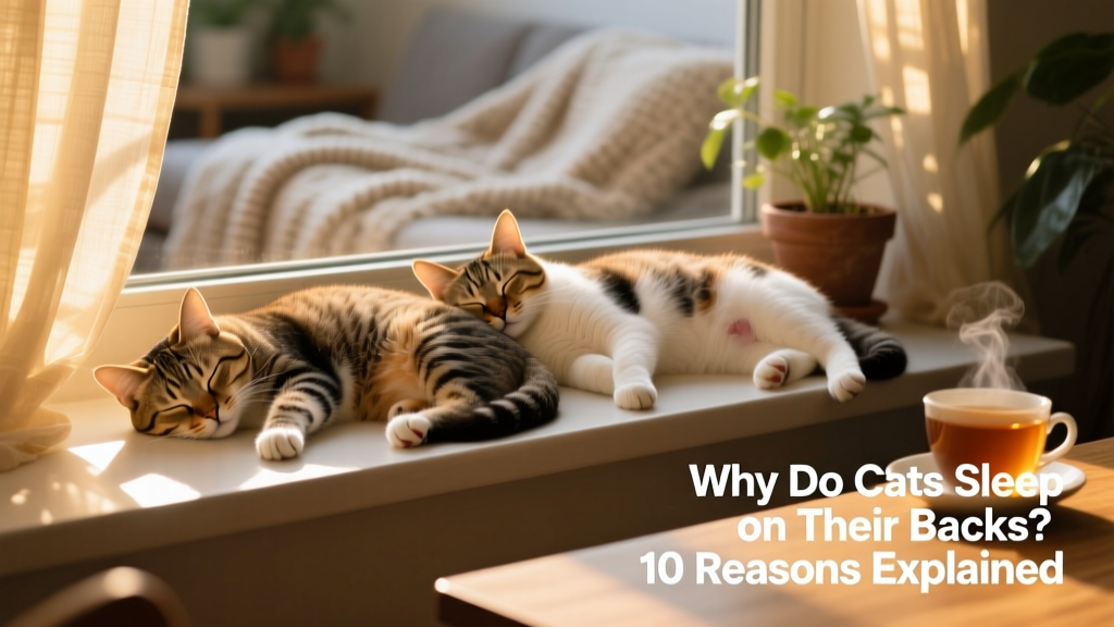 Two cats sleeping side by side—one on its side, one on its back—on a cozy window ledge bathed in afternoon light
