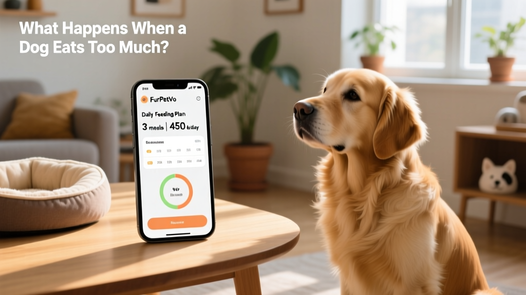 Smart phone screen displaying the FurPetVo app interface showing a customized daily feeding schedule and calorie tracker