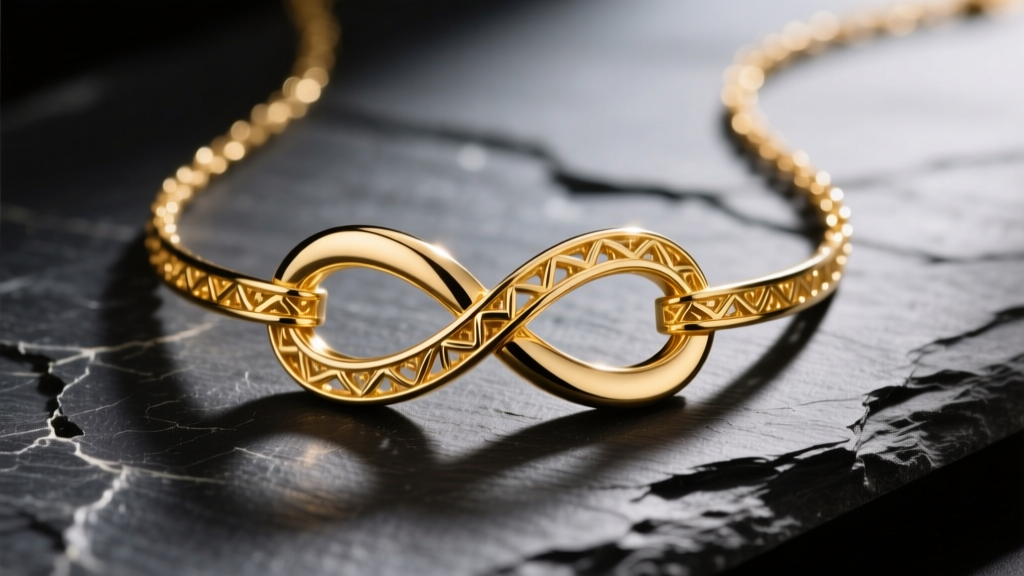 Macro shot of a 14k gold double infinity necklace with interlocking loops on dark slate under dramatic side lighting.