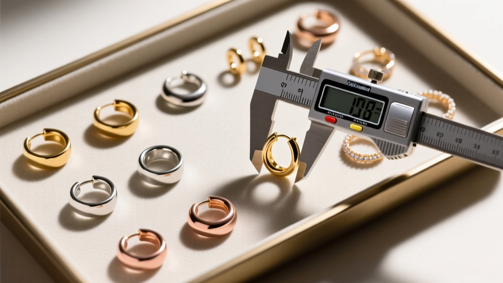 Overhead view of a jewelry tray displaying various inner diameters of earrings small hoops, measured with a digital caliper tool.
