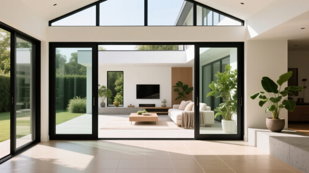 Modern four-season sunroom with thermally broken black aluminum frames, low-e glass, and tiled floor opening to a bright living room