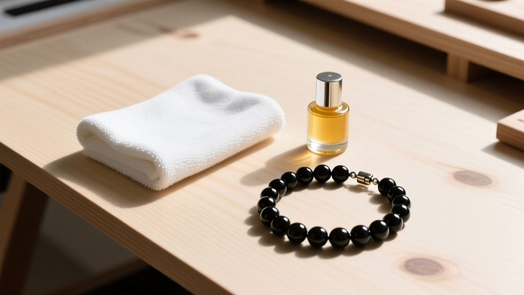 Top-down view of microfiber cloth and wax polish beside a magnetic hematite necklace on a clean wooden workbench.