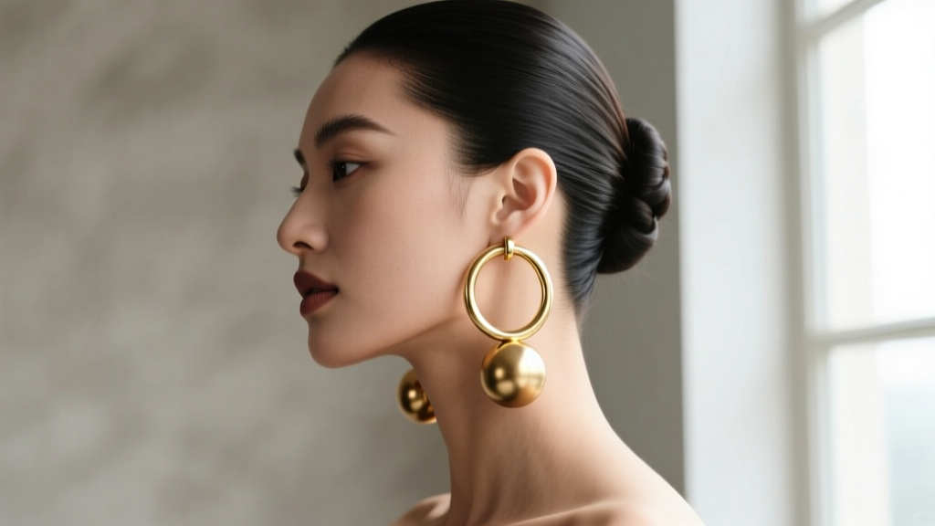 Editorial fashion portrait of a woman with a sleek updo showcasing large 80mm gold hoop earrings with matte finished balls