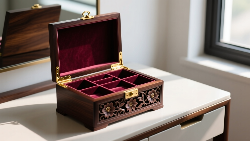 Carved dark elm Chinese wood jewelry box on a vanity table, opened to reveal tiered velvet-lined compartments and brass hinges.