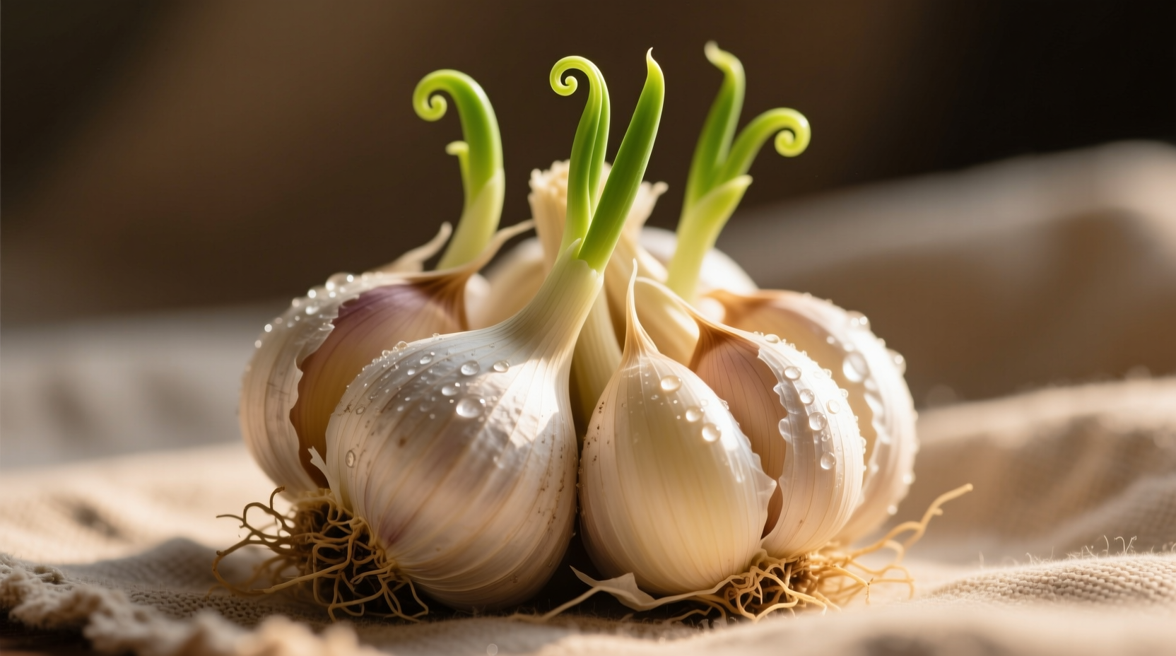 Fresh garlic bulbs with cloves and green shoots