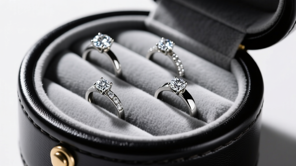 Close-up of the curved ring roll inside a round leather box, showing bright diamond solitaire rings slotted in soft grey suede.