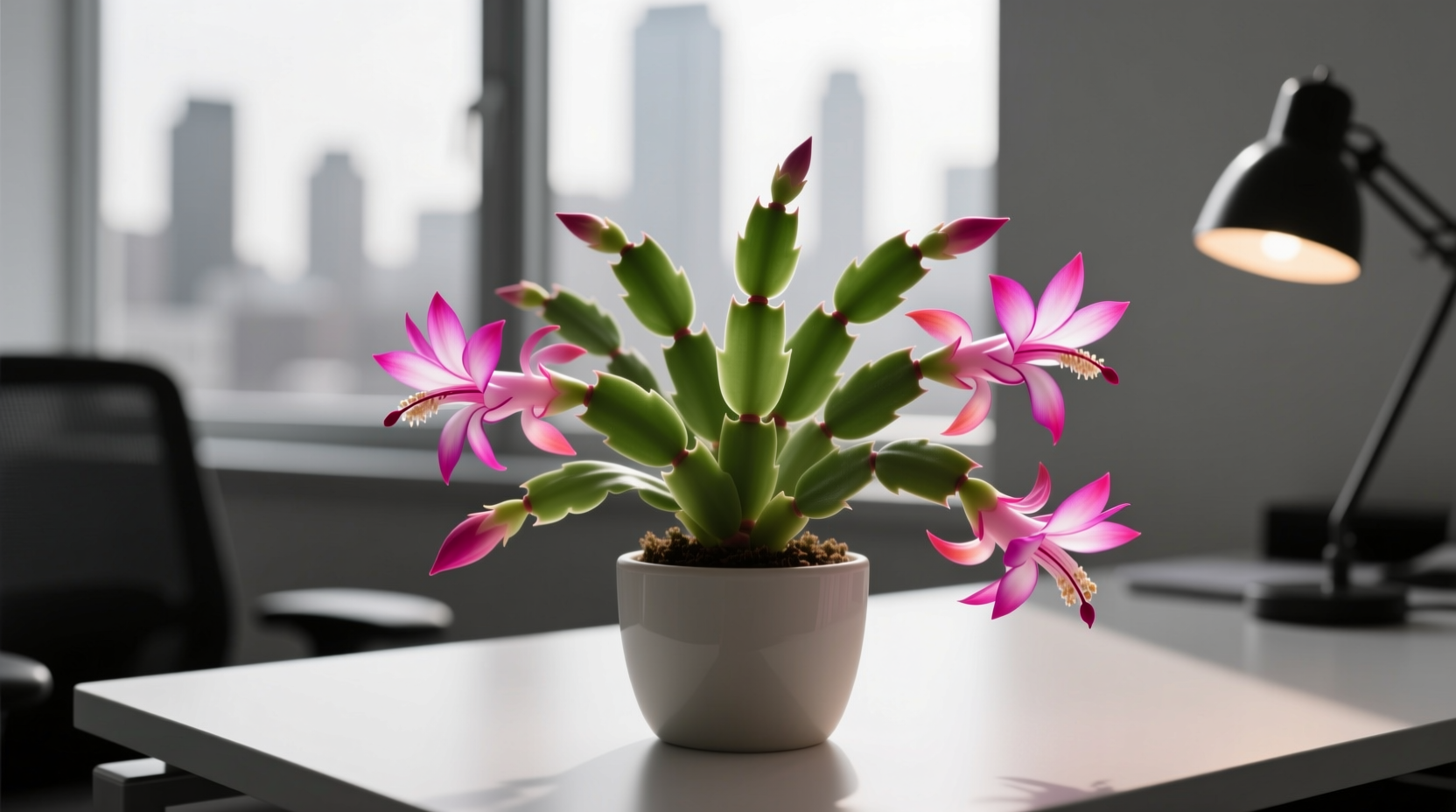 Winter-blooming Christmas cactus on office desk during December showing vibrant flowers despite short daylight hours, demonstrating seasonal low-light adaptation