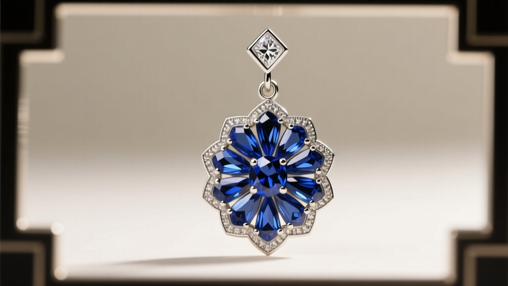 Macro photography of an Art Deco geometric diamond drop earring featuring calibré-cut sapphires and milgrain platinum edges.