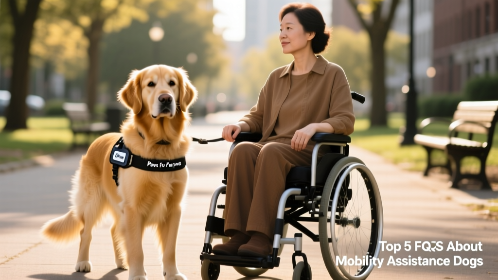 A calm, well-groomed mobility assistance dog standing beside a person using a wheelchair, both facing forward confidently