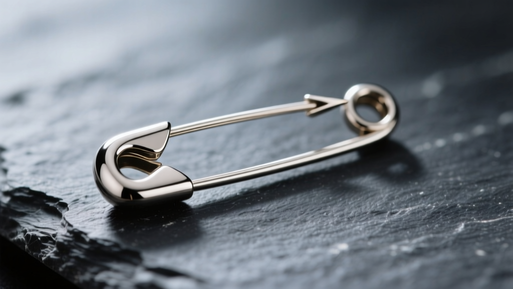 Macro shot of a polished titanium safety pin earring on dark slate, highlighting the smooth clasp and sharp piercing point.