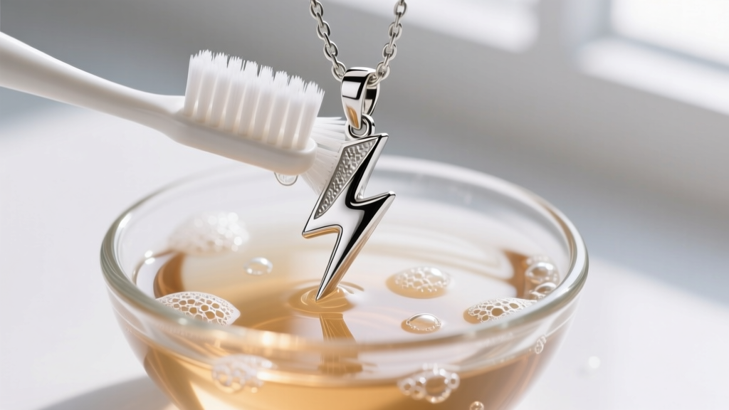 Soft toothbrush cleaning crevices of a sterling silver lightning bolt pendant submerged in a small glass bowl of warm soapy water.