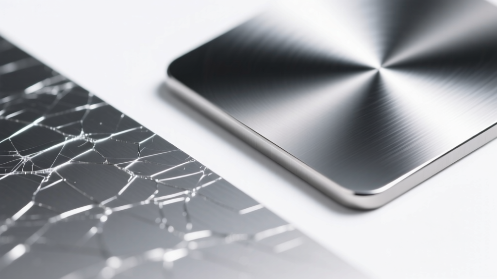 Microscope view of standard buffed titanium scratches next to a perfectly smooth, flawless vapor honed metal finish surface.
