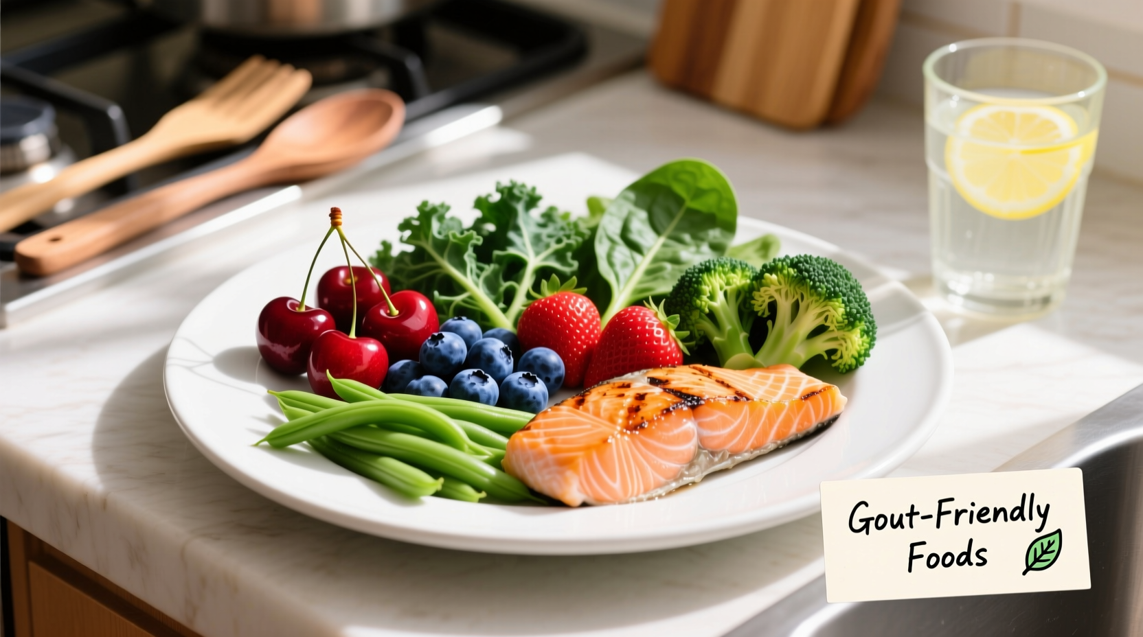Colorful plate showing gout-friendly foods
