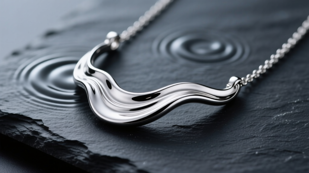 Macro shot of a sterling silver water splash necklace on dark slate, highlighting fluid metal ripples under soft studio lighting.