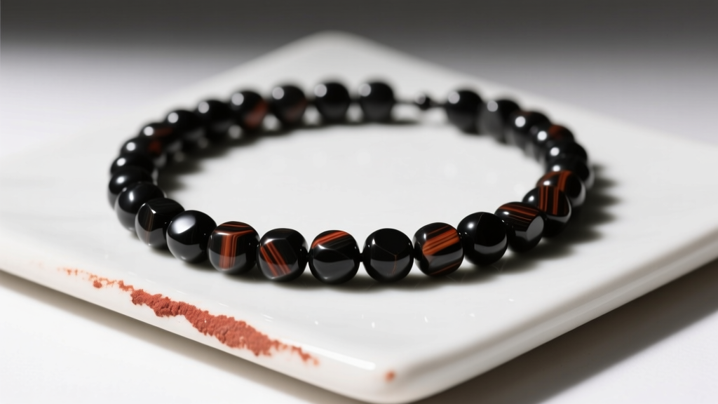 Natural hematite bead necklace tested on an unglazed white porcelain tile, revealing a distinct reddish-brown mineral streak