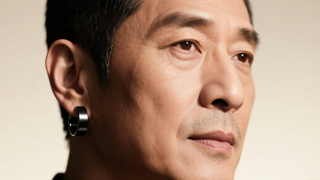 Man wearing a 10mm matte black titanium hoop earring in his left lobe, lit by soft, warm directional studio lighting.