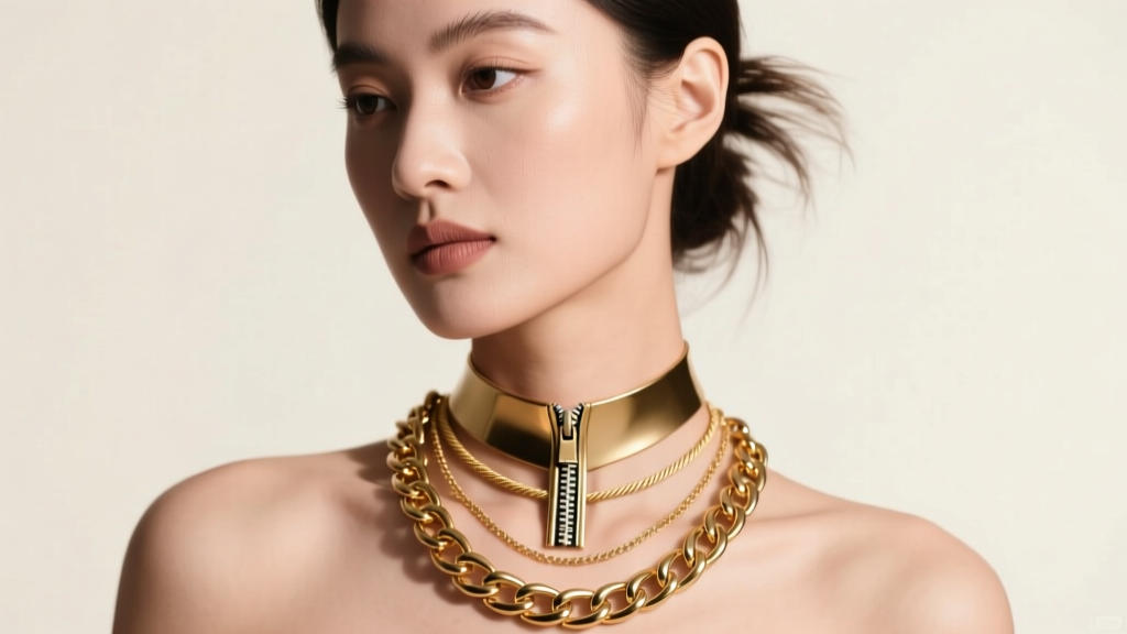 Studio portrait of a woman wearing layered gold necklaces featuring a zipper pendant, delicate cable chain, and thick curb chain