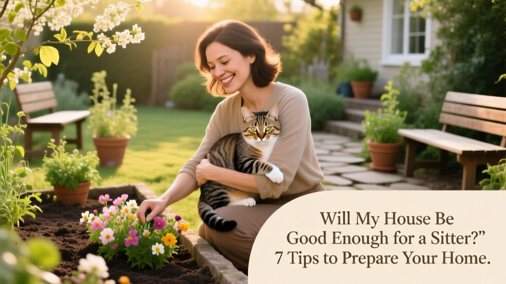 Woman smiling while gardening outdoors, holding a calm, content cat in her arms