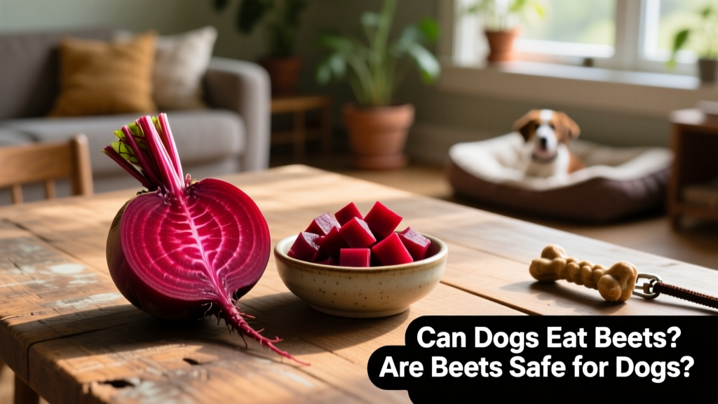 Sliced raw beets next to a small bowl of cooked, diced beets suitable for a dog
