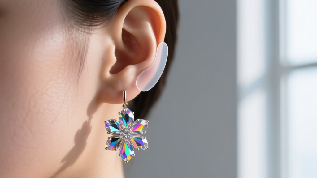 Side view of an ear wearing a heavy crystal flower earring, supported by a clear silicone patch to prevent earlobe sagging.