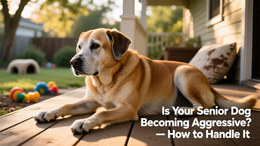 Senior dog resting calmly but with tense posture and slightly averted gaze, illustrating early signs of discomfort